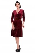 Короткое Велюровое Вечернее Платье Бордовый T2281