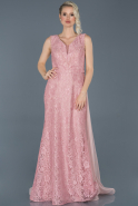 Длинное Кружевное Вечернее Платье Пудровый ABU909