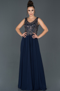 Длинное Каменное Вечернее Платье Темно-синий ABU917