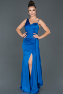 Длинное Атласное Вечернее Платье Ярко-синий ABU977