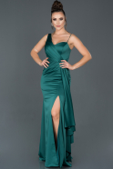 Длинное Атласное Вечернее Платье Изумрудно-зеленый ABU977