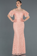 Длинное Кружевное Вечернее Платье Пудровый ABU1156