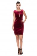 Короткое Велюровое Вечернее Платье Бордовый T2705
