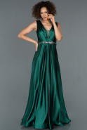 Длинное Атласное Вечернее Платье Изумрудно-зеленый ABU1175