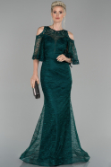 Длинное Кружевное Вечернее Платье Изумрудно-зеленый ABU1508