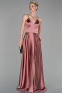 Длинное Атласное Вечернее Платье Пыльно-розовый ABU1458