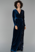 Длинное Велюровое Вечернее Платье Темно-синий ABU1522