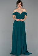 Длинное Шифоновое Вечернее Платье Изумрудно-зеленый ABU1654