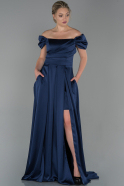 Длинное Атласное Вечернее Платье Темно-синий ABU1716