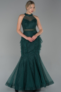Длинное Кружевное Вечернее Платье Изумрудно-зеленый ABU1602