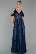 Длинное Шифоновое Вечернее Платье Темно-синий ABU1740