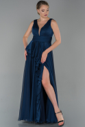 Длинное Атласное Вечернее Платье Темно-синий ABU1751
