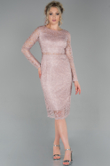 Короткое Кружевное Вечернее Платье Пудровый ABK1022