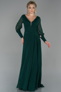 Длинное Шифоновое Вечернее Платье Изумрудно-зеленый ABU1797