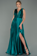 Длинное Атласное Вечернее Платье Изумрудно-зеленый ABU1737
