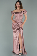 Длинное Атласное Вечернее Платье Пыльно-розовый ABU1885