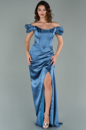 Длинное Атласное Вечернее Платье Индиго ABU1885