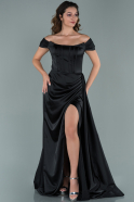 Длинное Атласное Вечернее Платье Черный ABU1856