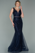Длинное Кружевное Вечернее Платье Темно-синий ABU1611