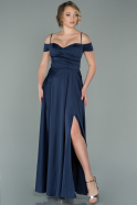 Длинное Атласное Выпускное Платье Темно-синий ABU1916