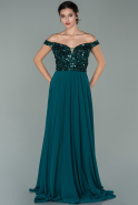Длинное Шифоновое Помолвочное Платье Изумрудно-зеленый ABU1653
