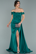 Длинное Атласное Вечернее Платье Изумрудно-зеленый ABU1856