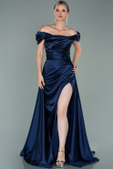 Длинное Атласное Вечернее Платье Темно-синий ABU2003