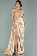 Длинное Атласное Вечернее Платье Золотой ABU2002