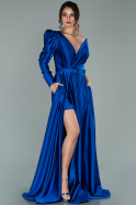 Длинное Атласное Вечернее Платье Ярко-синий ABU2026
