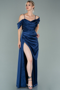 Длинное Атласное Вечернее Платье Темно-синий ABU2036