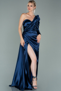 Длинное Атласное Вечернее Платье Темно-синий ABU2038