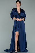 Длинное Атласное Вечернее Платье Темно-синий ABU2077