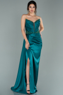 Длинное Атласное Вечернее Платье Изумрудно-зеленый ABU2079