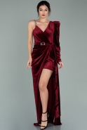 Длинное Велюровое Вечернее Платье Бордовый ABU2074