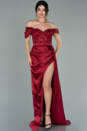 Длинное Атласное Вечернее Платье Бордовый ABU2085