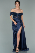 Длинное Атласное Вечернее Платье Темно-синий ABU2085