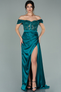 Длинное Атласное Вечернее Платье Изумрудно-зеленый ABU2085