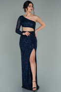Длинное Чешуйчатое Вечернее Платье Темно-синий ABU2110