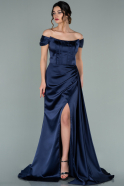 Длинное Атласное Вечернее Платье Темно-синий ABU1856