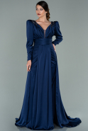 Длинное Атласное Вечернее Платье Темно-синий ABU2112