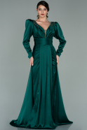 Длинное Атласное Вечернее Платье Изумрудно-зеленый ABU2112