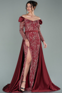 Длинное Атласное Вечернее Платье Бордовый ABU2099