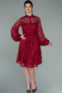 Короткое Кружевное Платье Бордовый ABK1243