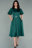 Миди Атласное Пригласительное Платье Изумрудно-зеленый ABK1263