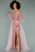 Длинное Кружевное Вечернее Платье Пудровый ABU2177