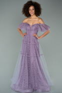 Длинное Вечернее Платье Из Кружева Лавандовый ABU2187