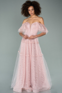 Длинное Вечернее Платье Из Кружева Пудровый ABU2187