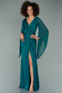Длинное Атласное Вечернее Платье Изумрудно-зеленый ABU2195
