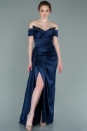 Длинное Атласное Вечернее Платье Темно-синий ABU2249