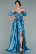 Длинное Атласное Вечернее Платье Индиго ABU2270
